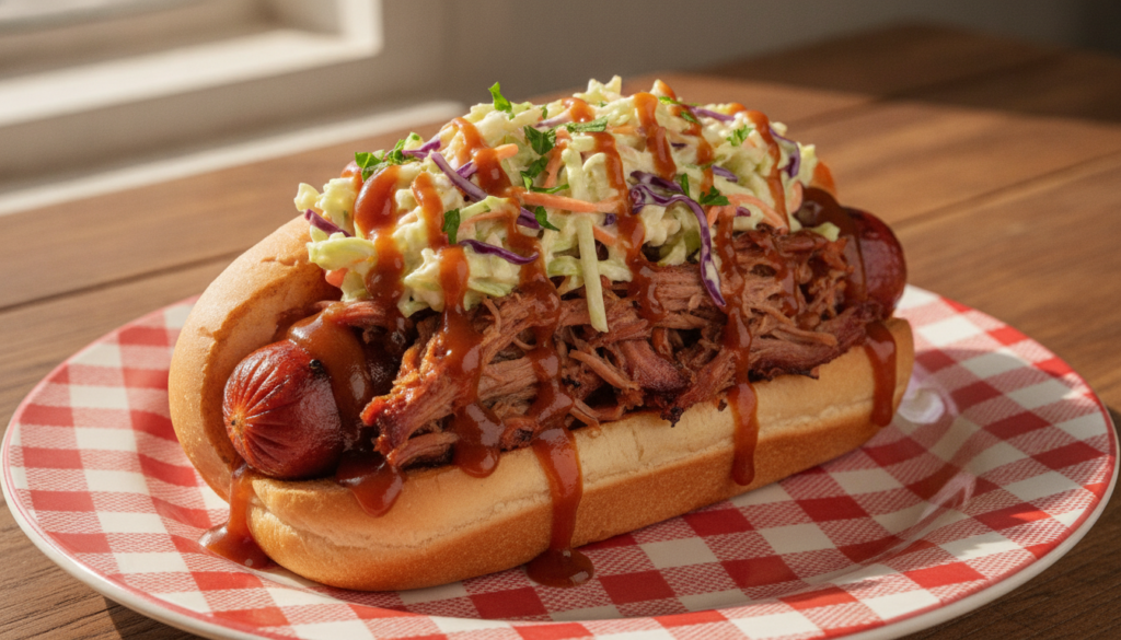 A gourmet hot dog in a bun piled high with tender BBQ pulled pork drizzled with extra barbecue sauce and topped with a c