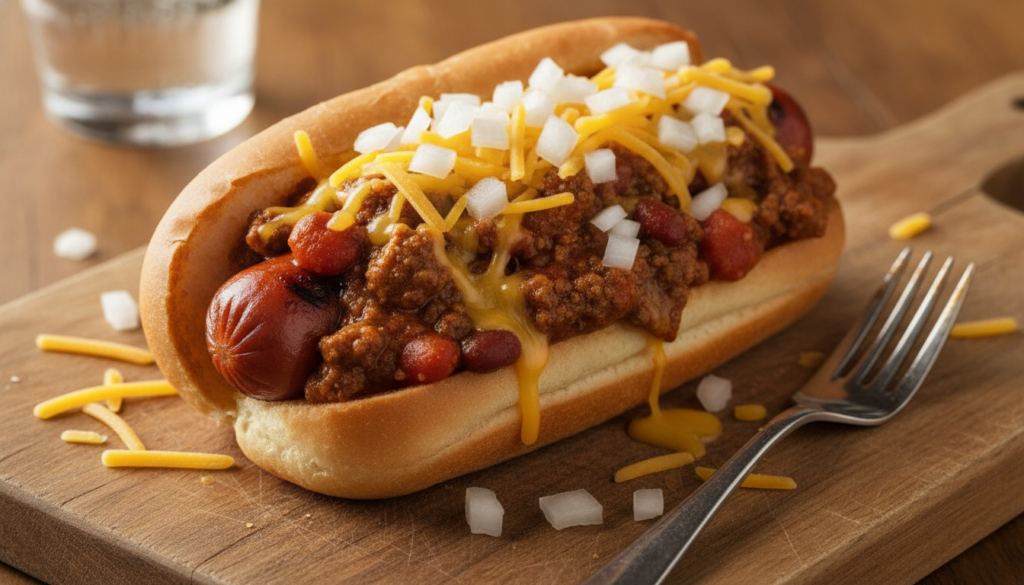 A loaded chili cheese hot dog in a bun smothered in rich beef chili topped with a generous layer of shredded cheddar che
