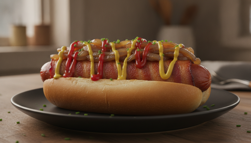 A bacon-wrapped hot dog in a bun topped with golden caramelized onions zig-zags of ketchup and yellow mustard The bacon