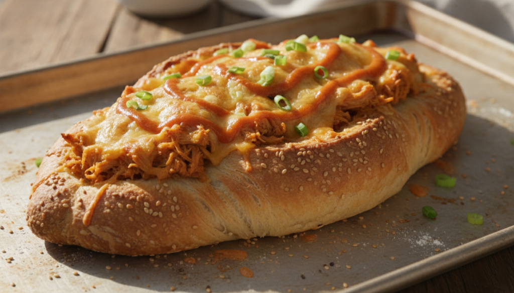 Spicy Chicken Boat Bread golden brown with melted cheese and a drizzle of buffalo sauce garnished with green onions on a