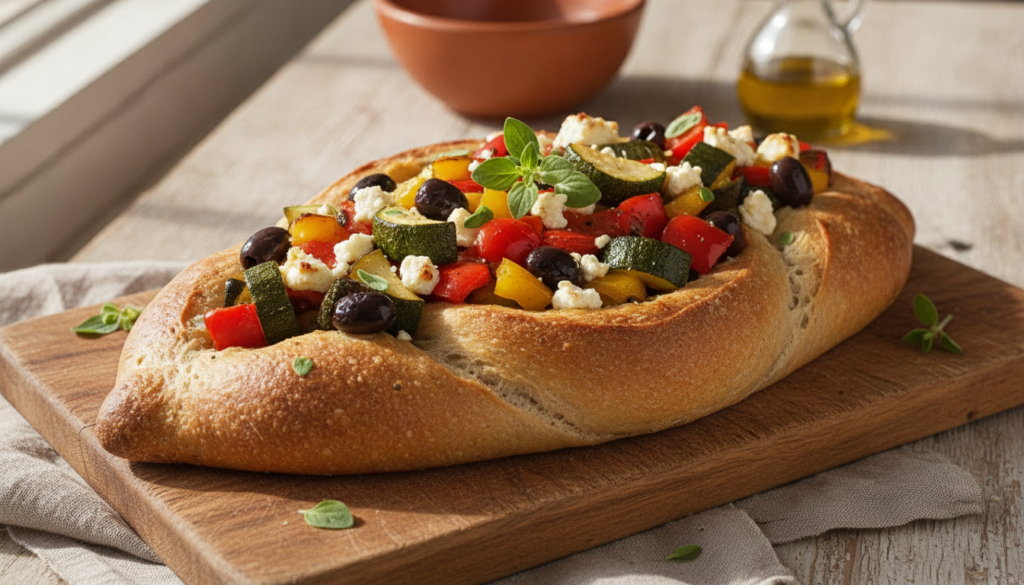 Mediterranean Veggie Boat Bread golden brown with colorful sautéed vegetables and crumbled feta cheese garnished with fr
