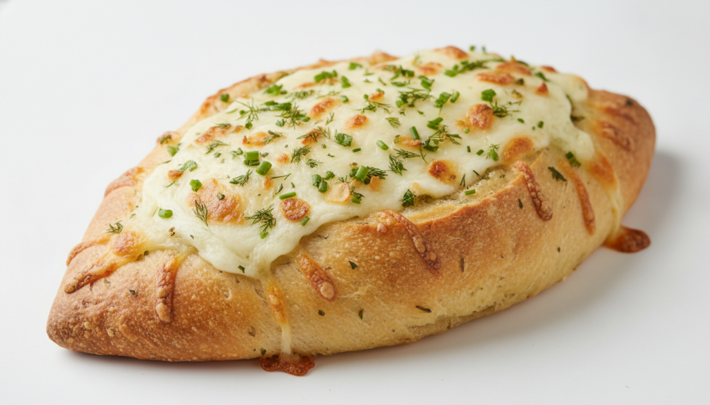 Garlic Herb Cheese Boat Bread golden brown with melted white cheese fresh green herbs and visible minced garlic on a whi