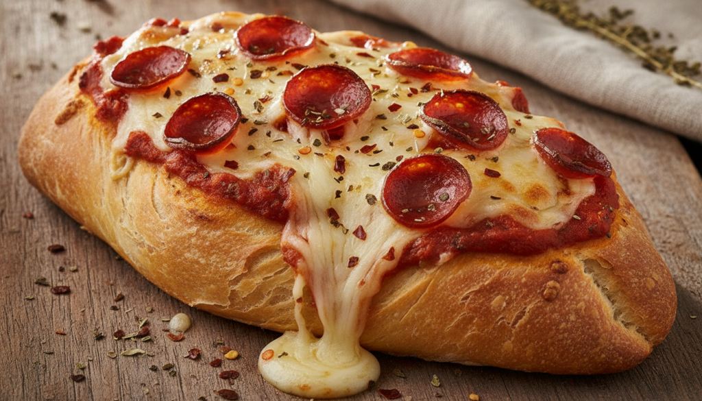 Pizza Boat Bread golden brown bubbling with marinara sauce melted mozzarella and pepperoni slices garnished with Italian
