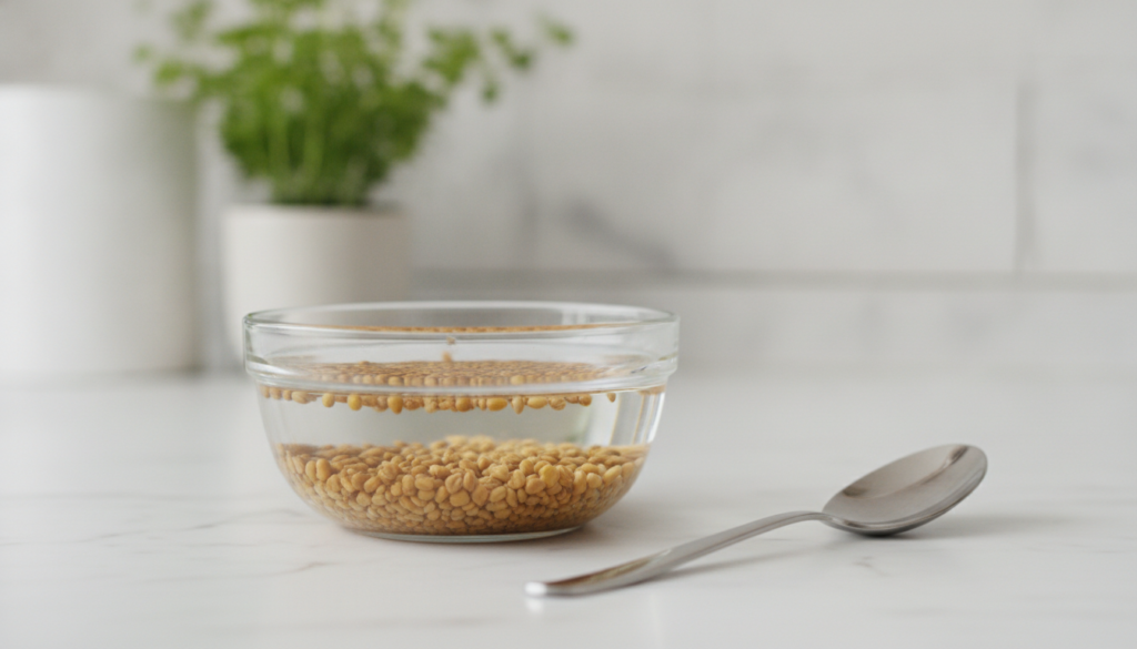 A clear glass bowl with fenugreek seeds soaking in water with a spoon nearby The seeds are visibly plump and slightly so