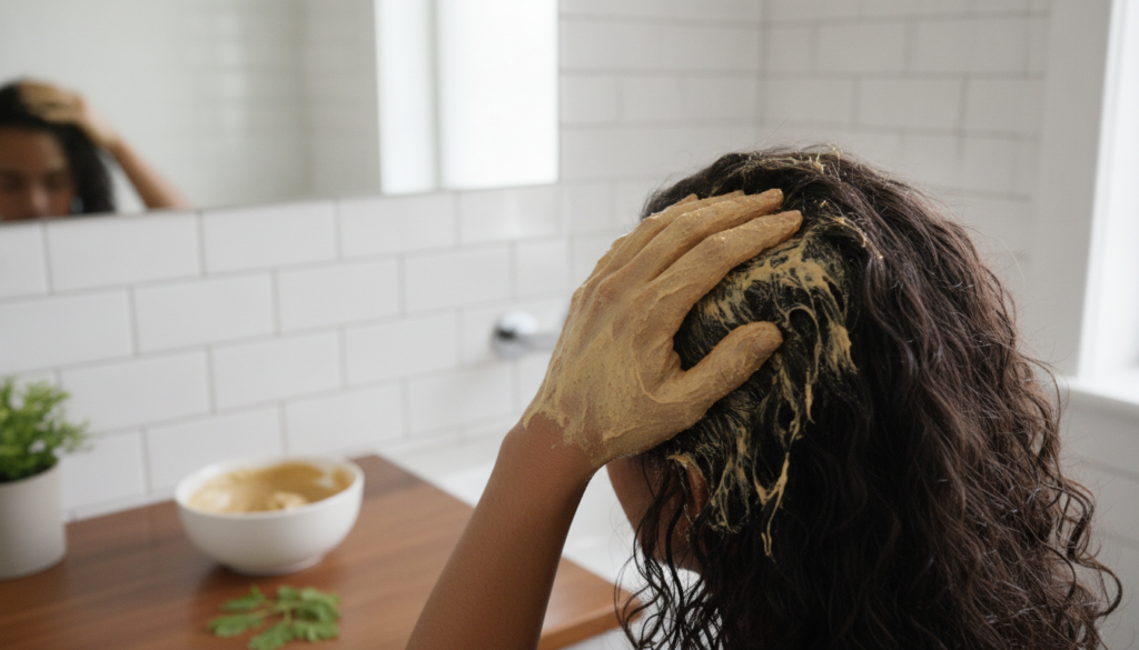 A person s hands gently applying a thick fenugreek hair paste to their scalp and hair showing a natural home-based hair 