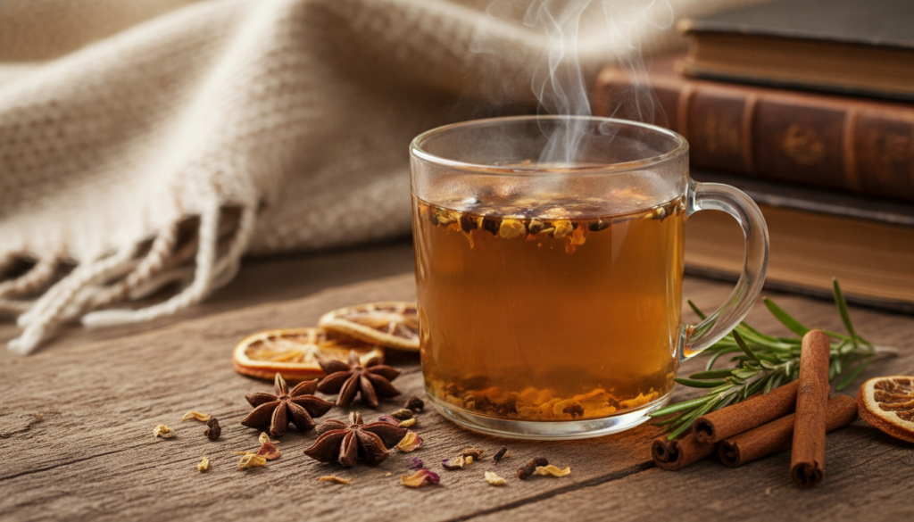 A steaming cup of freshly brewed herbal tea made from Teasel and White Kyllinga resting on a wooden coaster