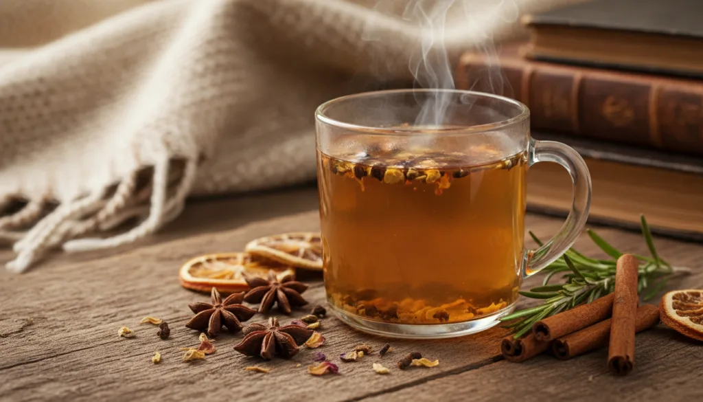 A steaming cup of freshly brewed herbal tea made from Teasel and White Kyllinga resting on a wooden coaster