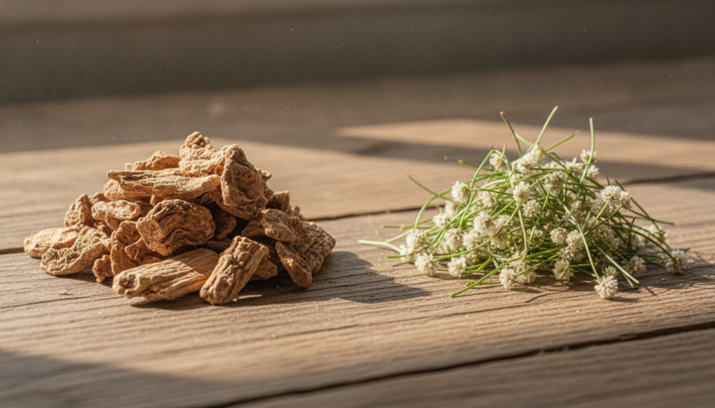 A small pile of dried chopped Teasel root next to a pile of dried chopped White Kyllinga plants ready for brewing