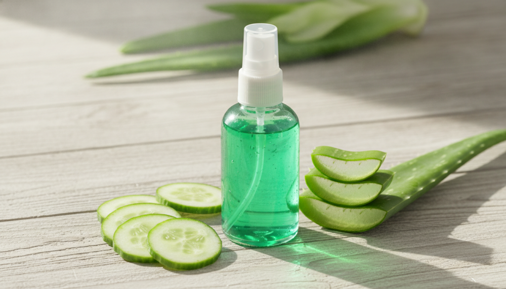 A clear spray bottle filled with a translucent green liquid with fresh cucumber slices and aloe vera leaves artfully arr