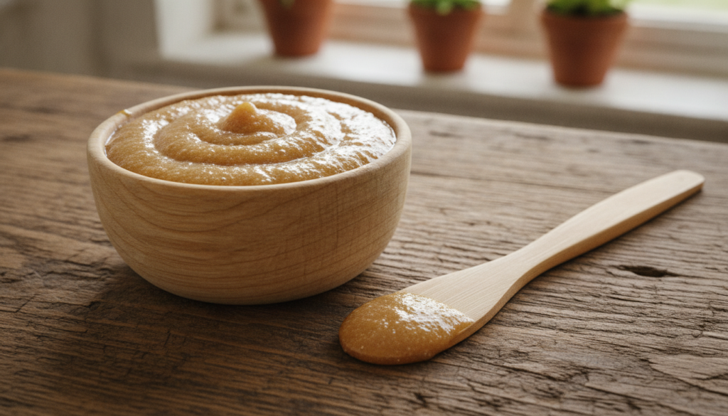 A close-up of a bowl containing a mixture of baking soda and honey with a small spatula or brush next to it against a so