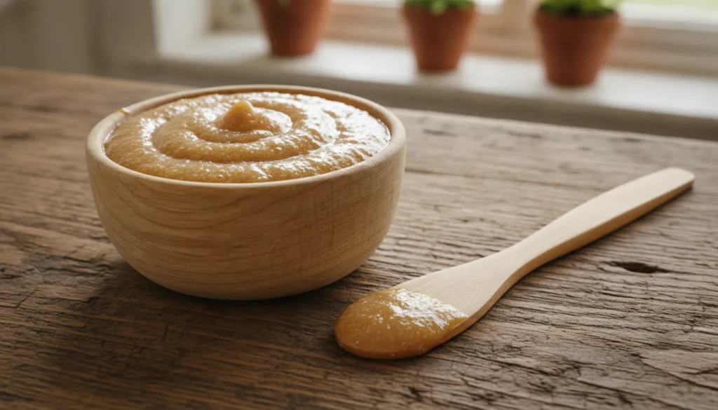 A close-up of a bowl containing a mixture of baking soda and honey with a small spatula or brush next to it against a so