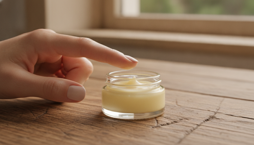 A small clear glass jar of homemade beeswax and olive oil cuticle balm with a finger gently applying it to a healthy-loo