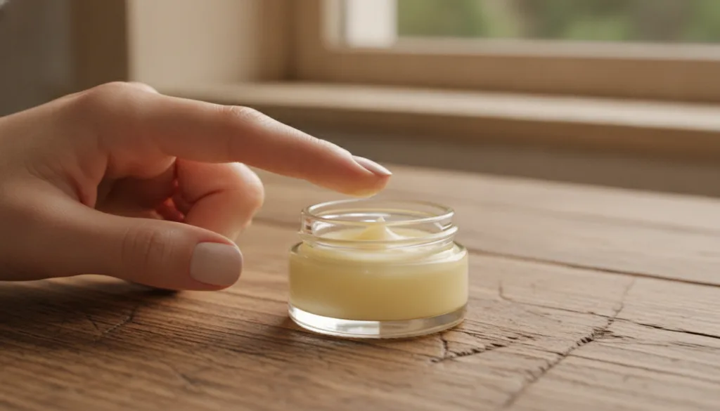 A small clear glass jar of homemade beeswax and olive oil cuticle balm with a finger gently applying it to a healthy-loo