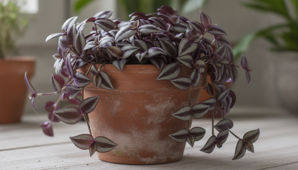 Healthy vibrant Tradescantia zebrina plant growing in a pot ready for leaf harvesting