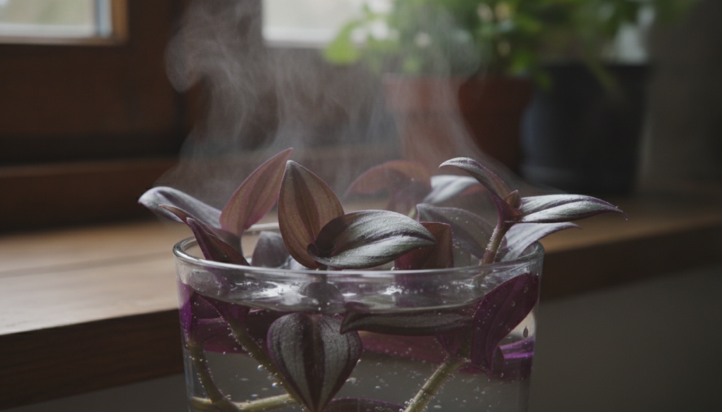 A close-up shot of fresh Tradescantia zebrina leaves being added to a pot of hot water for steeping