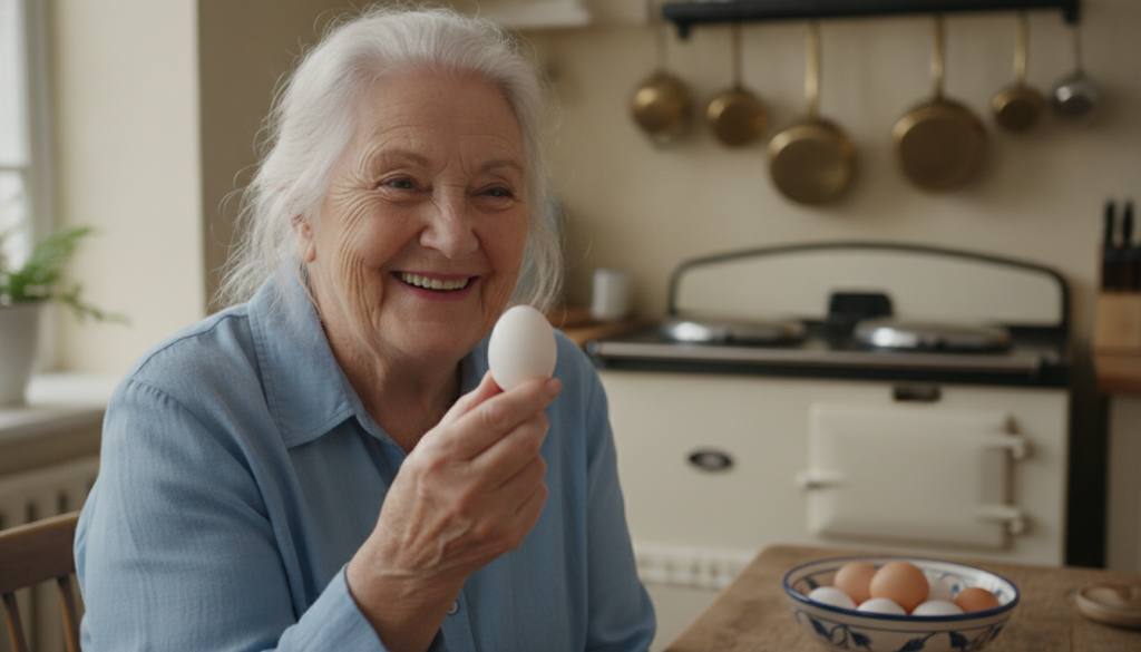 A vintage photo of a smiling grandmother with glowing skin perhaps holding an egg symbolizing traditional beauty secrets