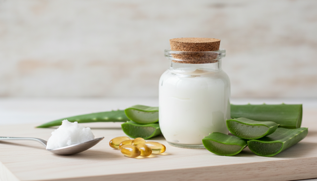 A small elegant glass jar filled with homemade white or off-white cream Around the jar are fresh aloe vera leaves a smal