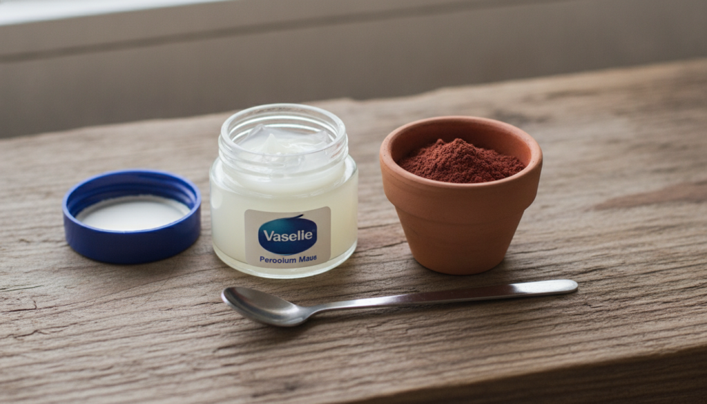 A close-up shot of small containers of Vaseline and Aker Fassi powder with a tiny mixing spoon on a rustic wooden backgr
