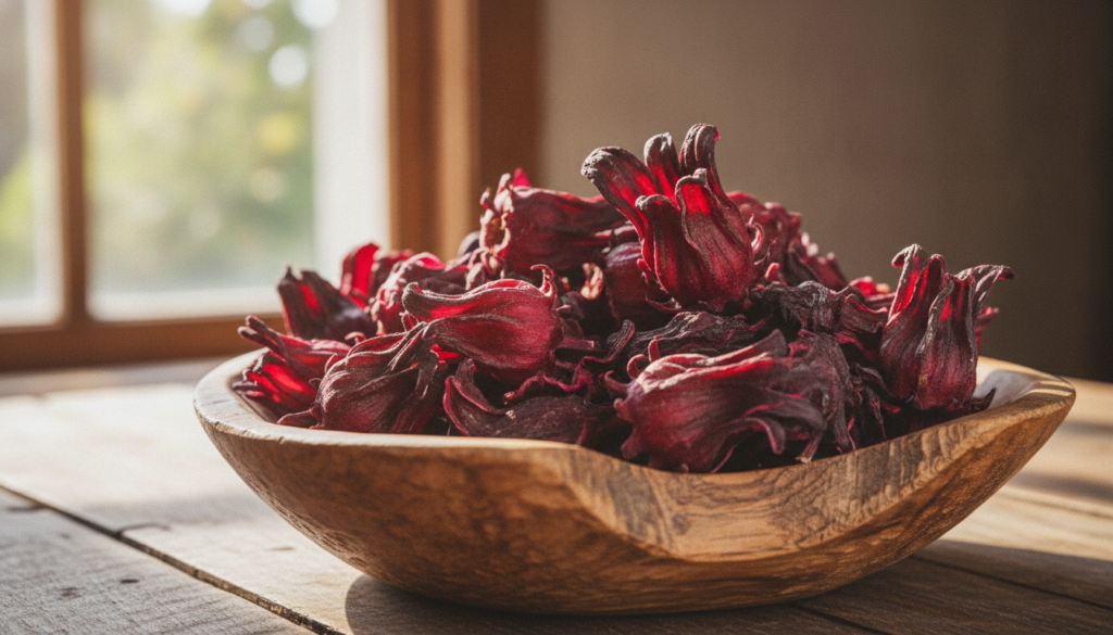 A close-up of dried hibiscus flowers vibrant red and purple perhaps in a small bowl or scattered on a rustic wooden surf