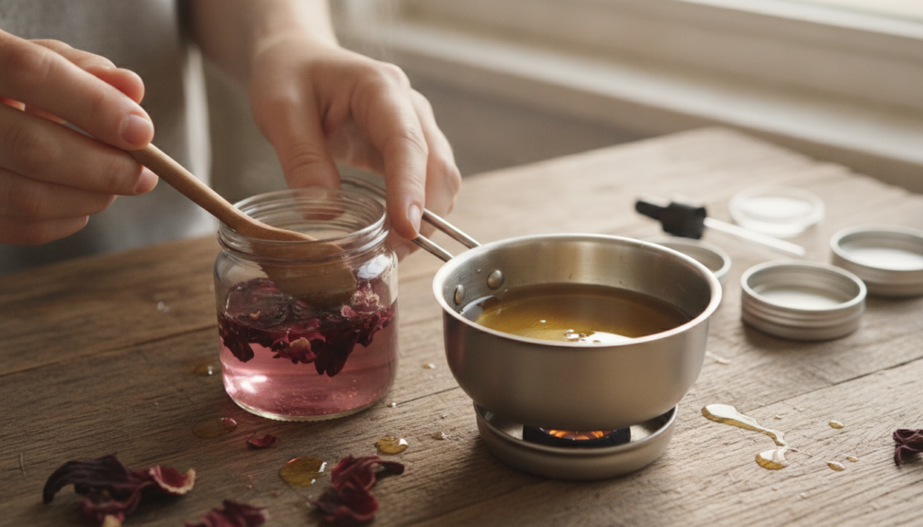 Hands preparing a hibiscus lip tint showing dried hibiscus flowers steeping in hot water with a small pot of melted bees