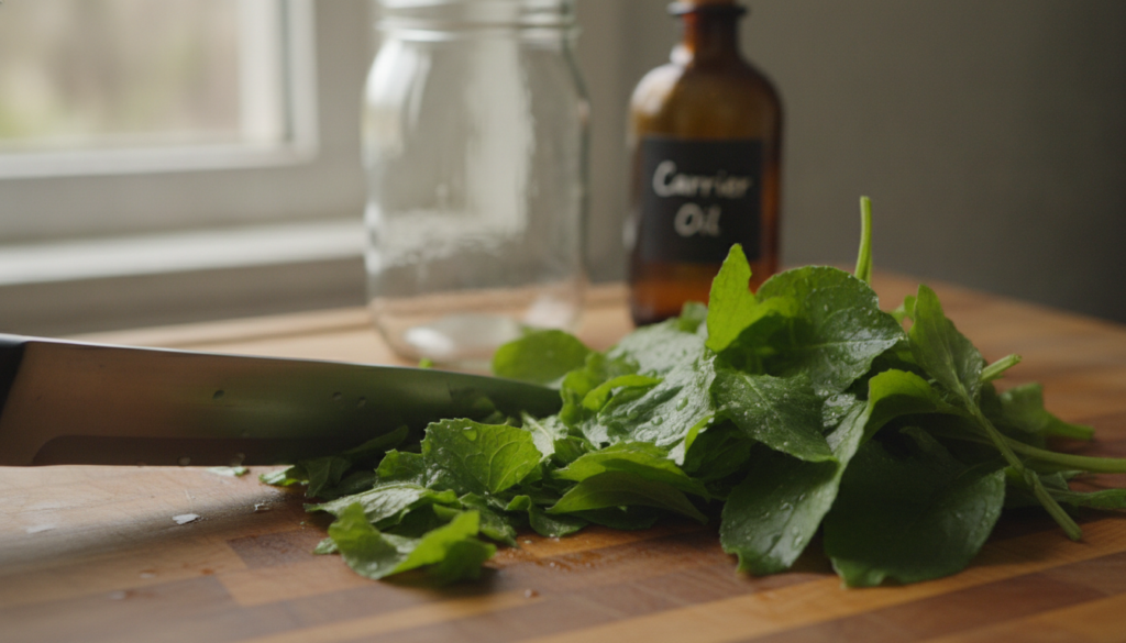 Close-up of fresh comfrey leaves being chopped on a wooden cutting board with a glass jar and carrier oil bottle in the 