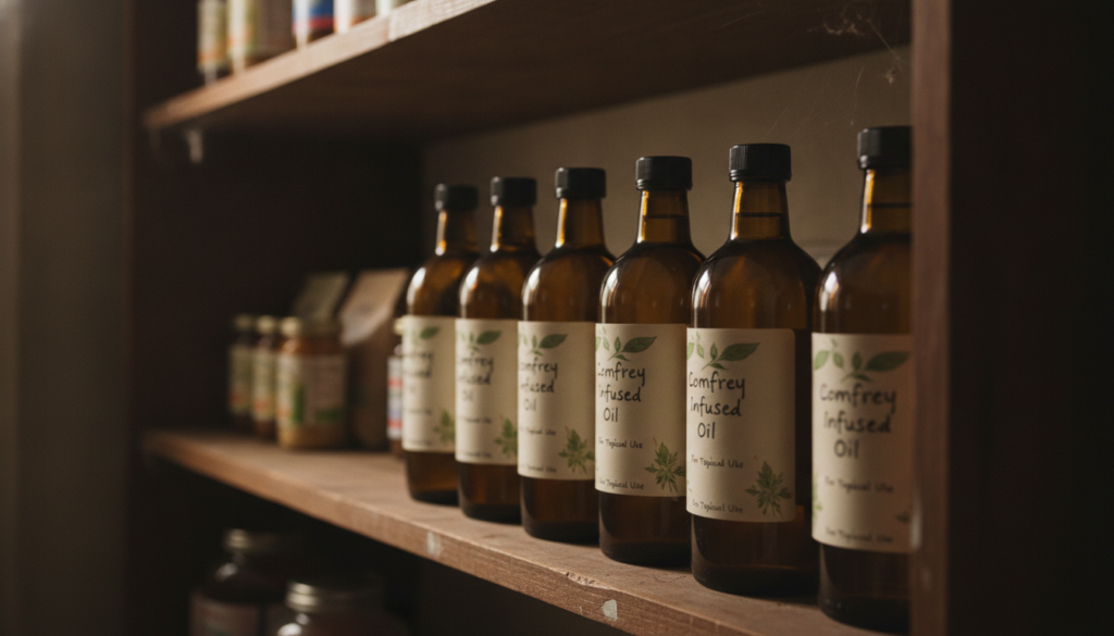 Dark glass bottles filled with amber comfrey infused oil labeled and stored in a cool dark cupboard or on a shelf away f