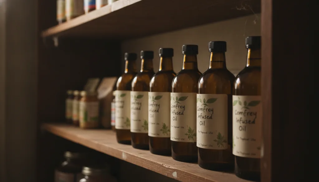 Dark glass bottles filled with amber comfrey infused oil labeled and stored in a cool dark cupboard or on a shelf away f