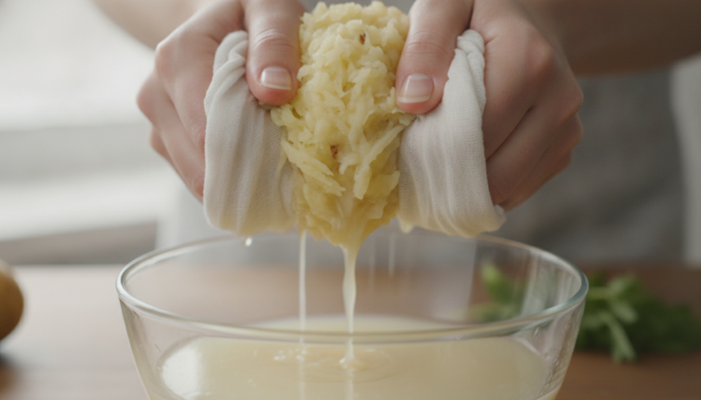 Hands squeezing grated potato pulp through a cheesecloth into a bowl to extract the juice
