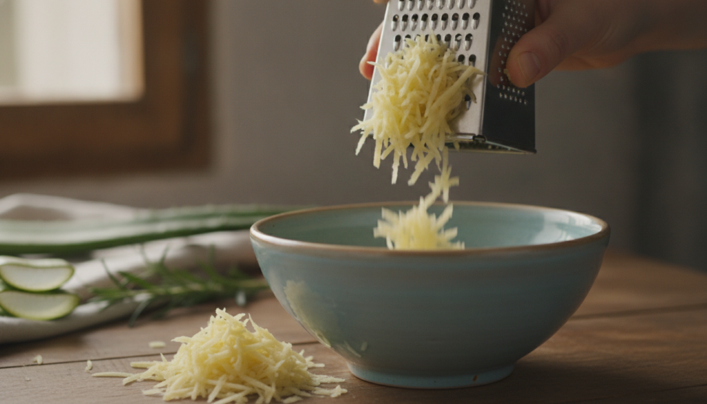 A close-up of a hand holding a freshly grated potato over a bowl with a background of other natural hair ingredients lik