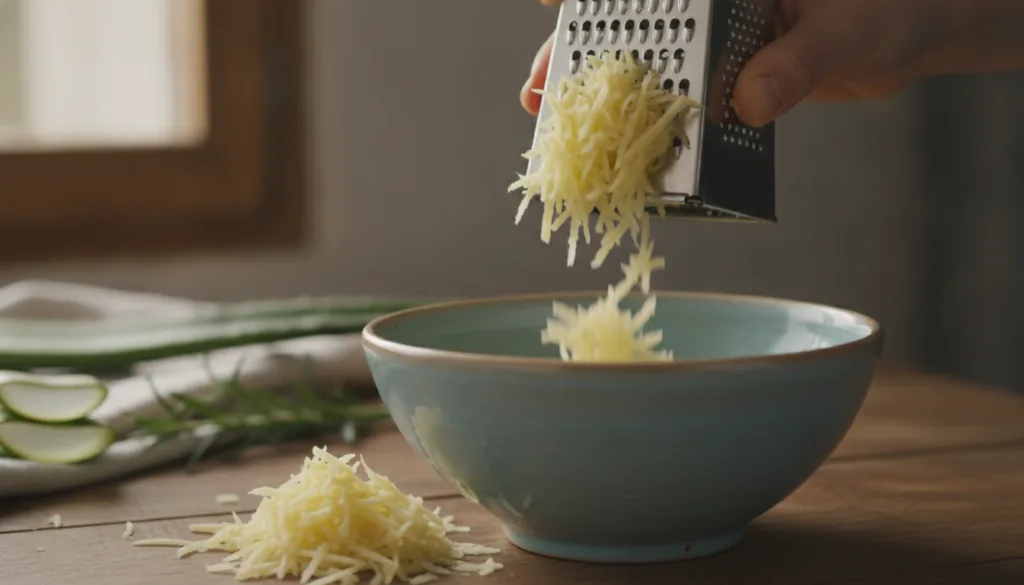 A close-up of a hand holding a freshly grated potato over a bowl with a background of other natural hair ingredients lik