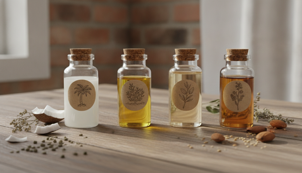 A variety of natural oils in small bottles such as coconut jojoba almond and sesame oil on a rustic wooden surface