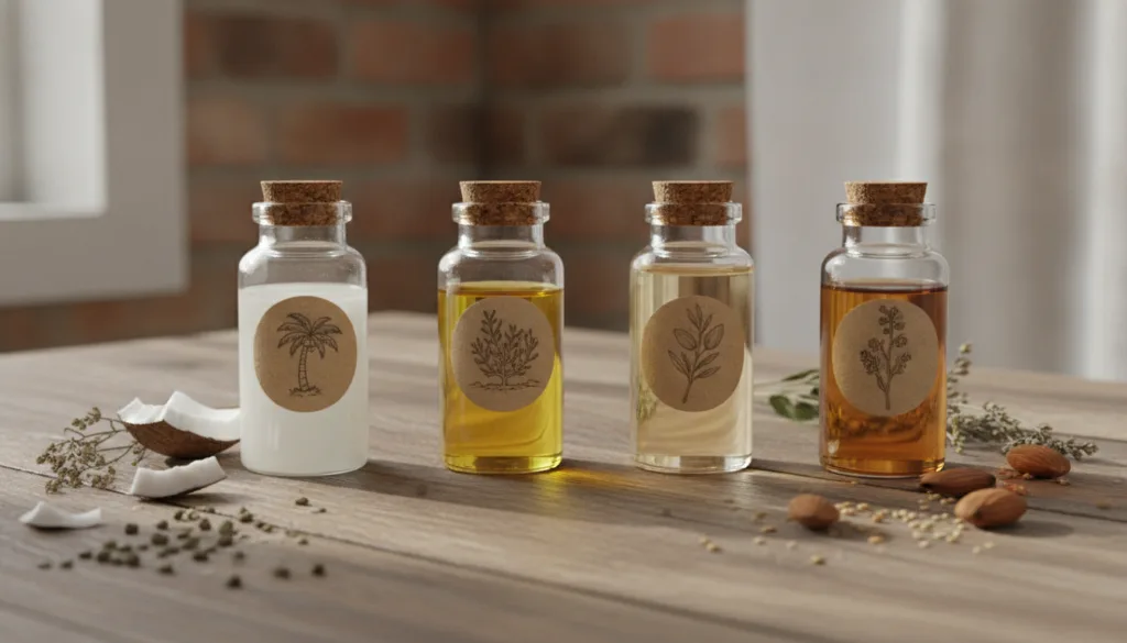 A variety of natural oils in small bottles such as coconut jojoba almond and sesame oil on a rustic wooden surface