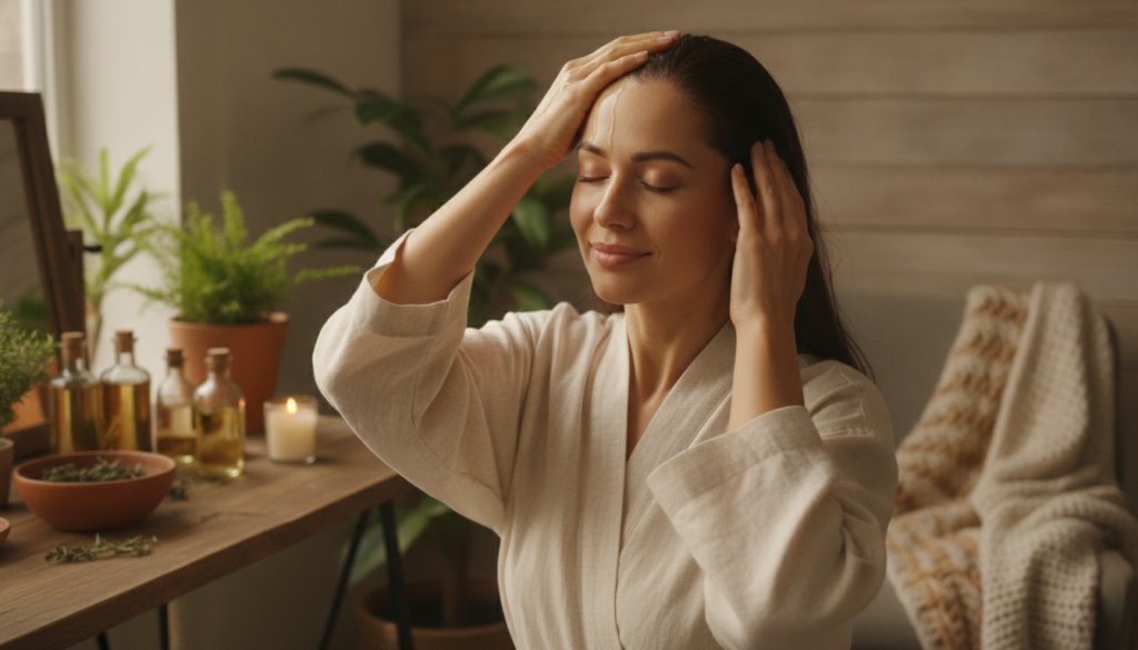 A woman gently massaging warm oil into her scalp with a serene expression The setting is a cozy natural wellness environ