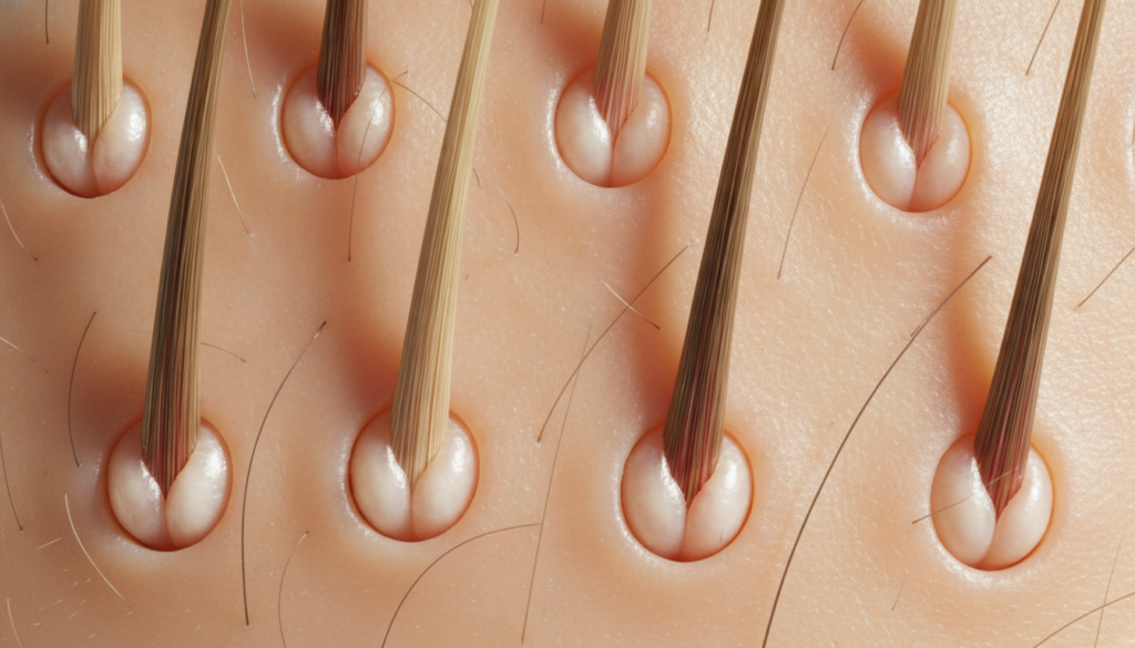 A close-up of a healthy clean scalp with strong hair follicles symbolizing the results of good scalp care