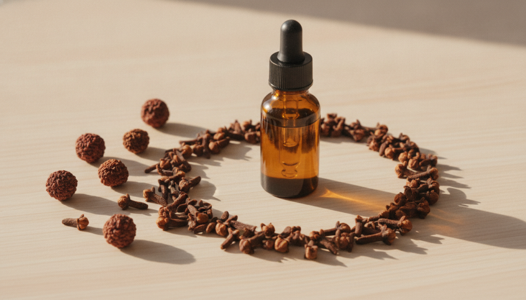 A close-up shot of dried cloves some arranged artfully around a small glass dropper bottle filled with a golden liquid s