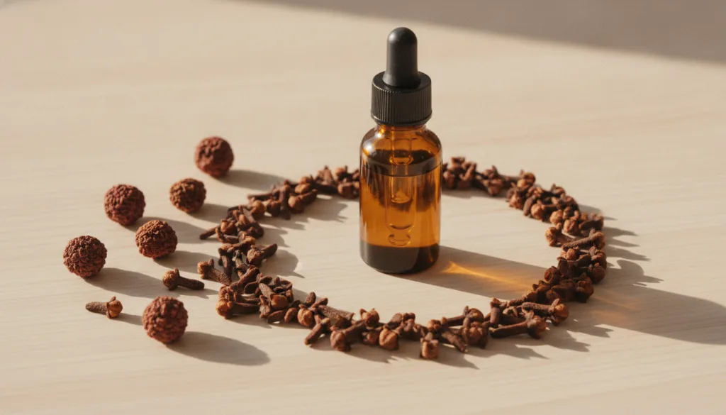 A close-up shot of dried cloves some arranged artfully around a small glass dropper bottle filled with a golden liquid s