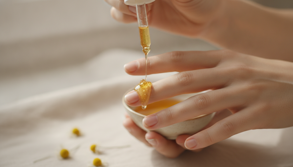 Close-up of a hand gently applying honey to fingernails and cuticles