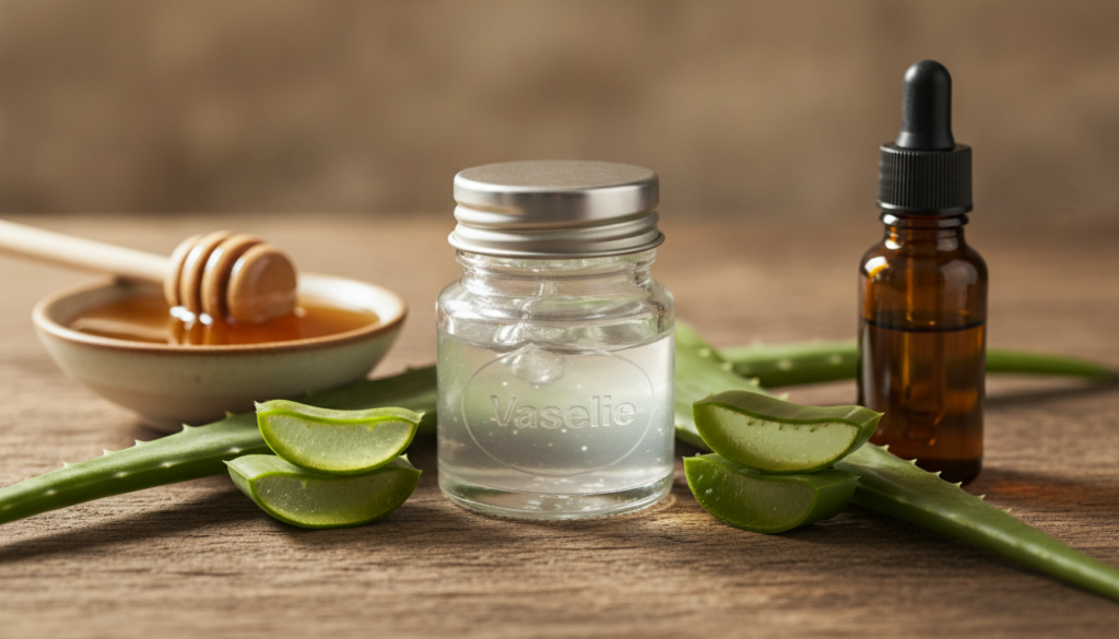 A small jar of Vaseline surrounded by natural ingredients like honey aloe vera leaf and a few drops of essential oil on