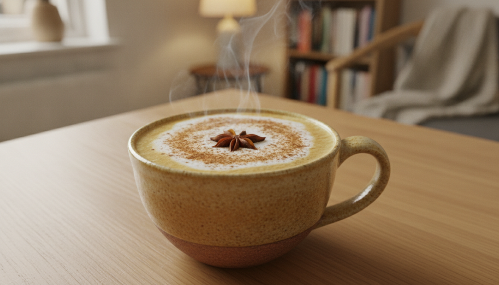 A close-up of a steaming golden milk latte in a beautiful ceramic mug garnished with a sprinkle of cinnamon or a star an