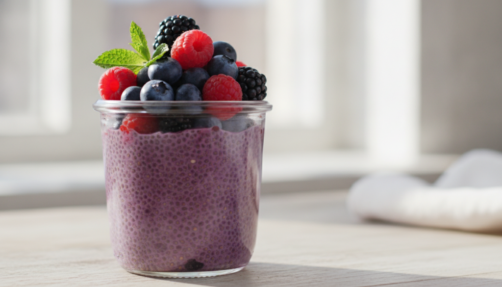 A clear glass jar filled with purple-hued mixed berry chia pudding topped with a colorful assortment of fresh blueberrie