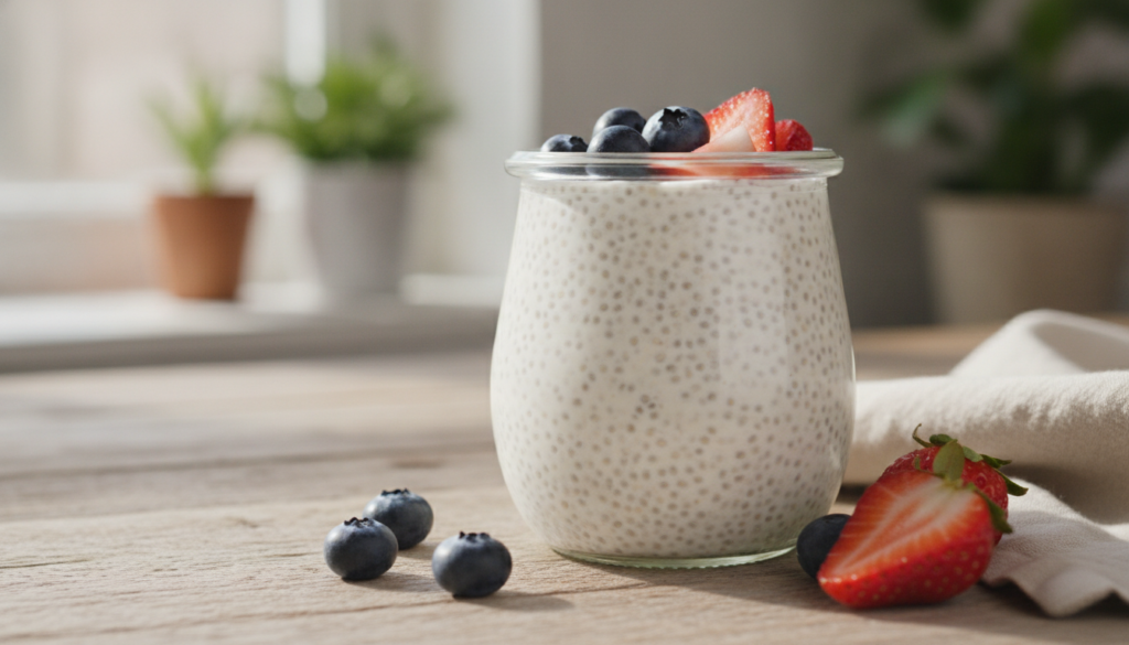 A clear glass jar filled with creamy pale vanilla chia pudding topped with fresh berries like blueberries and strawberri