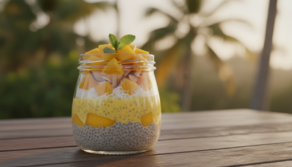 A clear glass jar containing vibrant yellow mango coconut chia pudding layered with fresh mango cubes and shredded cocon