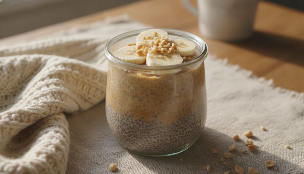 A clear glass jar with layers of creamy peanut butter banana chia pudding topped with sliced bananas and chopped peanuts