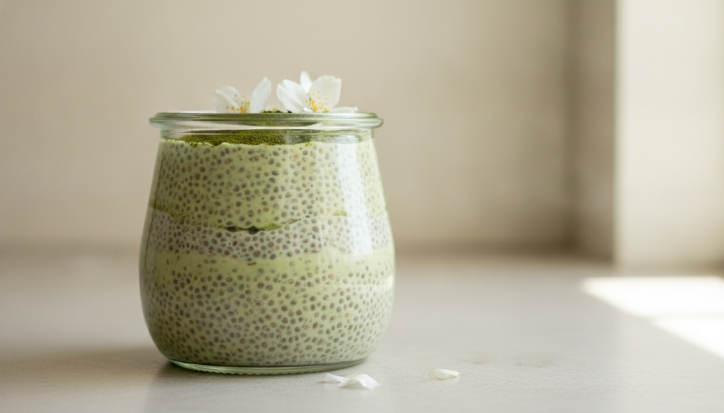 A clear glass jar filled with light green matcha chia pudding topped with a sprinkle of matcha powder and a few fresh wh