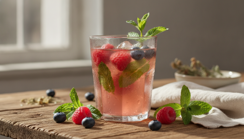 A vibrant fresh homemade collagen drink in a stylish glass garnished with berries and a hint of mint suggesting health a