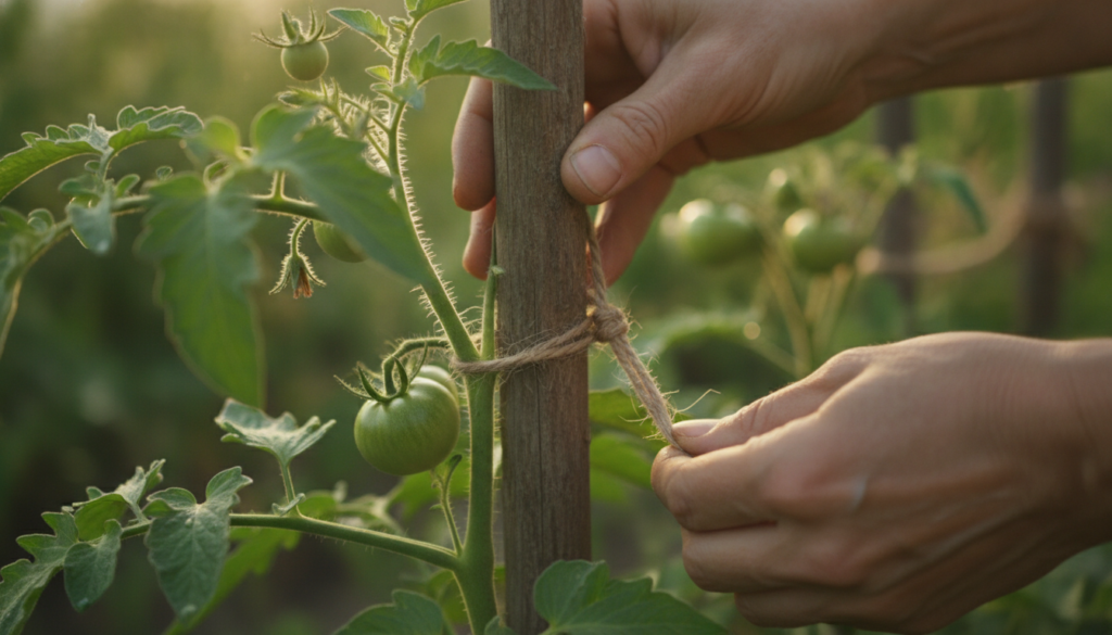 A gardener gently tying a young tomato plant to a sturdy stake demonstrating proper trellising technique