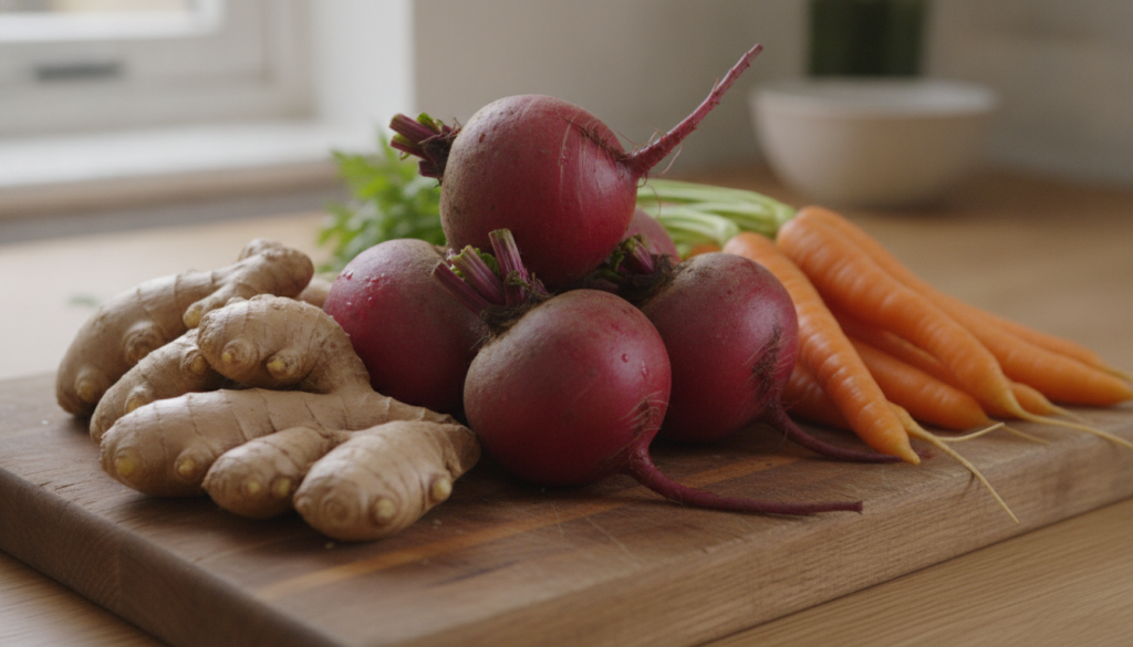 Close-up of fresh vibrant beetroots carrots and ginger roots on a wooden cutting board ready for juicing