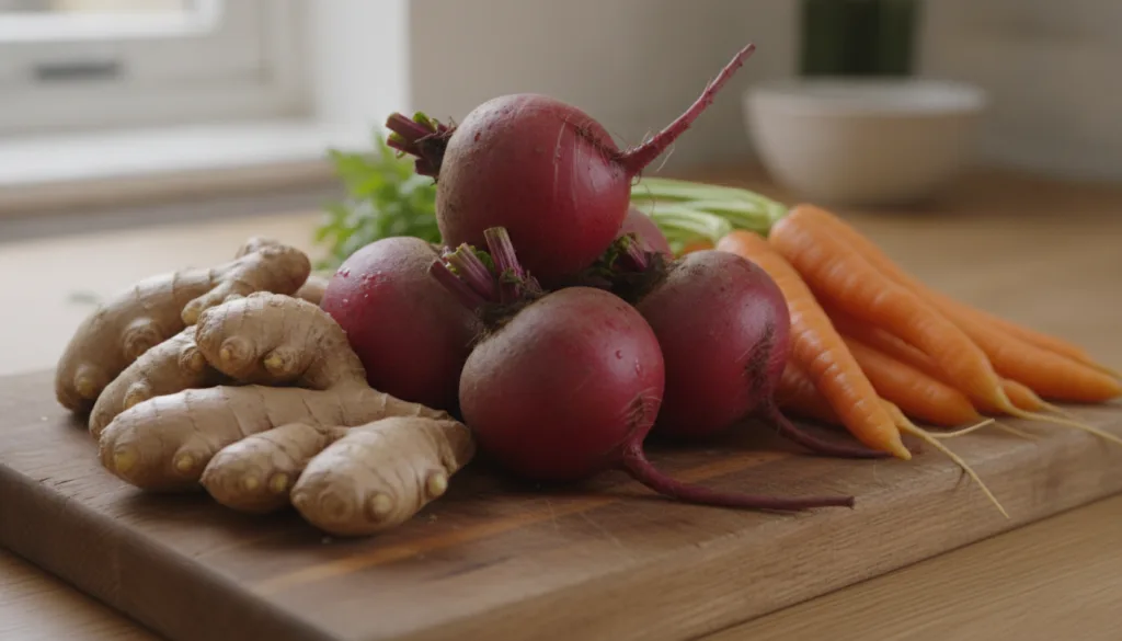Close-up of fresh vibrant beetroots carrots and ginger roots on a wooden cutting board ready for juicing