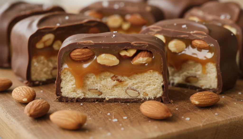 A perfectly cross-sectioned almond Snickers bar showing layers of milk chocolate coating caramel nougat and roasted almo