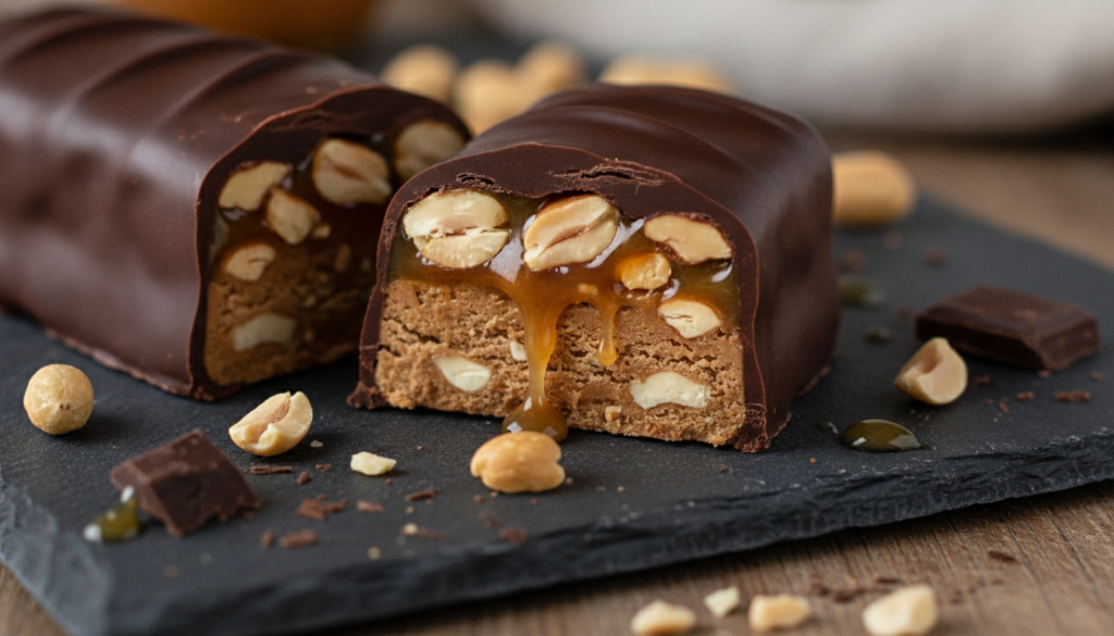 A perfectly cross-sectioned dark chocolate Snickers bar showing layers of dark chocolate coating caramel nougat and roas